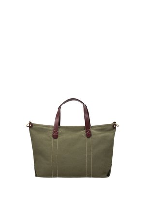 Olivengrøn lærredstaske med mørkebrune læderhåndtag og synlige cremefarvede sømme på hvid baggrund.