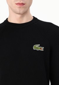 Pull en maille côtelée noir avec un col rond et un logo crocodile brodé vert sur la poitrine. Texture légère.