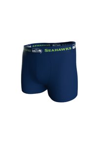Boxer ajustados de color azul marino, con una cinturilla elástica verde y negra que lleva el texto y el logo de "Seahawks". Textura suave.
