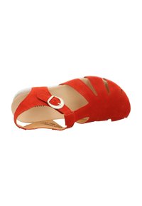 Red suede sandal with cut-out designs, adjustable ankle strap, and a smooth sole. Features a rounded toe and a minimalist style.