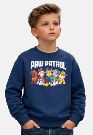 Young boy wearing a navy blue sweatshirt with colorful Paw Patrol characters and the text "PAW PATROL" on the front.