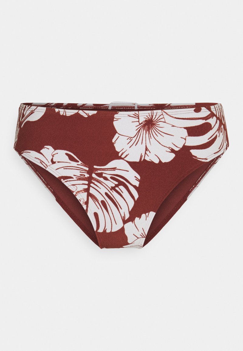 Bas de bikini rouge avec de grands motifs floraux blancs, taille élastique et texture lisse. Conçu pour le confort et le style.
