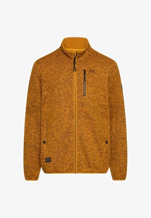 Oranje-textuur fleecejack met een opstaande kraag, een rits aan de voorkant en een borstzak. Heeft zwarte accenten en een logo patch.