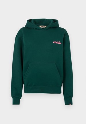 Hanorac verde închis cu buzunar frontal și logo roz „ellesse” pe partea stângă a pieptului și o etichetă neagră mică pe manșeta stângă.