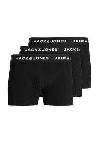 Schwarze Baumwoll-Boxershorts mit elastischem Bund, der das weiße "JACK & JONES"-Logo trägt. Drei Paare ausgestellt, mit nahtlosem Design und eng anliegender Passform.