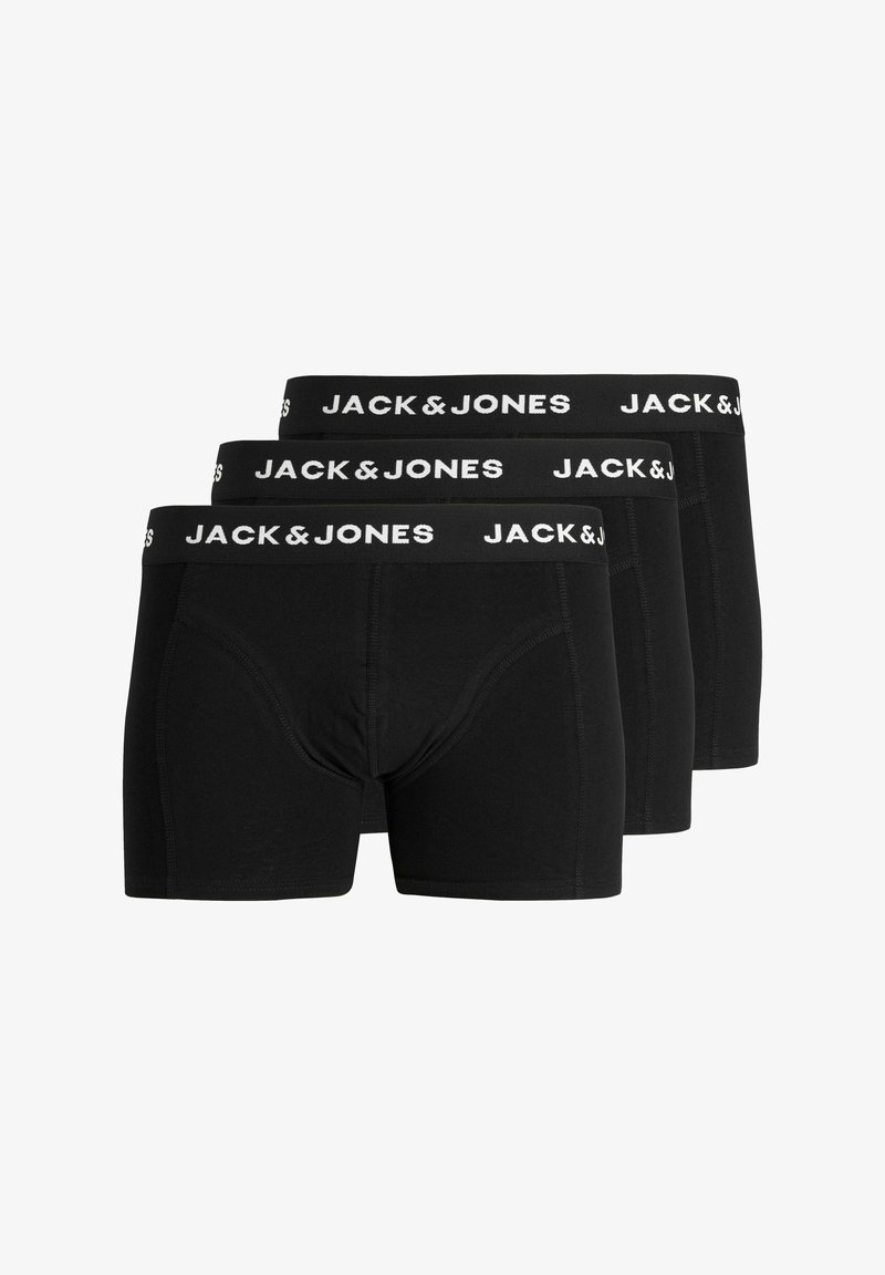Black cotton boxer briefs with elastic waistband featuring white "JACK & JONES" logo. Three pairs displayed, with seamless design and snug fit.