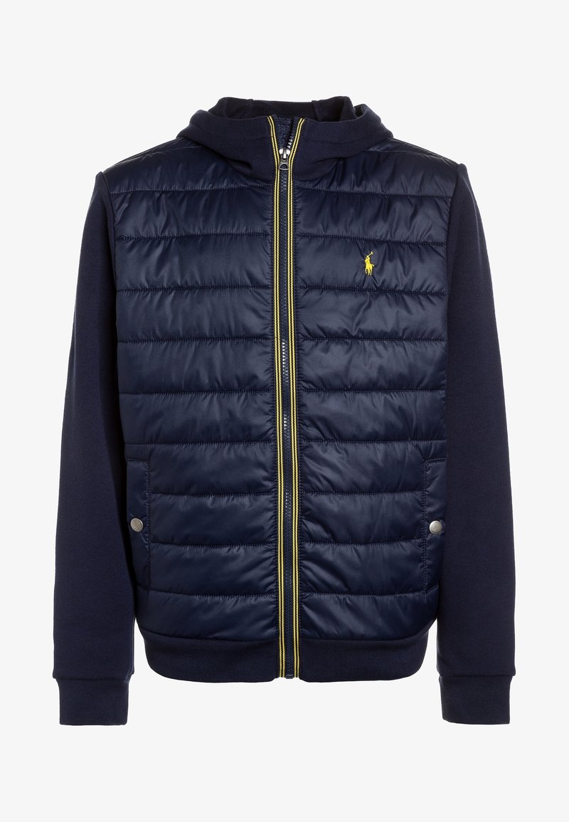 Navy blue zip-up hoodie with a quilted nylon front, knit sleeves, and a yellow zipper. Features a small yellow logo on the chest.