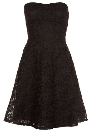Czarna sukienka bez ramiączek o kroju litery A, z kwiatowym koronkowym nakładaniem i dopasowanym gorsetem.