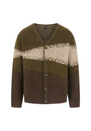 Cárdigan de punto en tonos verdes y marrones, con escote en V, cinco botones y un patrón texturizado en el pecho.