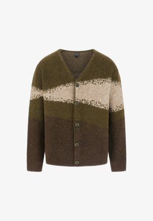 Cárdigan de punto en tonos verdes y marrones, con escote en V, cinco botones y un patrón texturizado en el pecho.