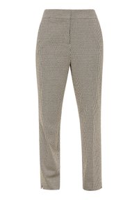Pantalons beiges taille haute avec un motif géométrique texturé et petit, des jambes fuselées et une longueur légèrement raccourcie.