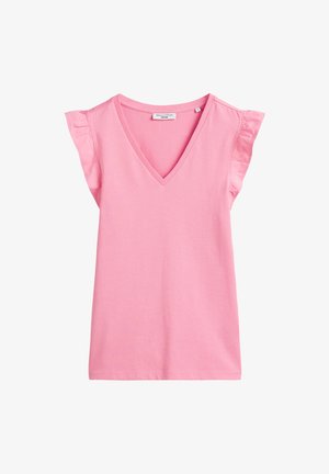 Haut rose à manches courtes avec un col en V, doté d'accents de volants sur les épaules, fabriqué en tissu léger, conçu pour un style décontracté.