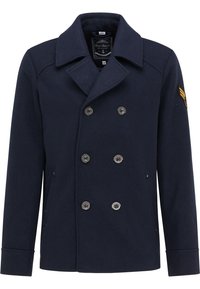 Námořnický vlněný kabát peacoat s dvojitým zapínáním na knoflíky, stříbrnými knoflíky, velkými klopami a nášivkou na levém rameni. Má boční kapsy.