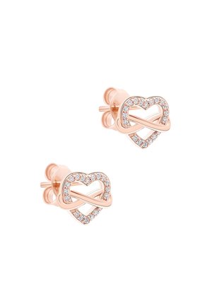 Ohrringe in Roségold in Herzform mit kleinen klaren Edelsteinen, die die Herzen umrahmen, sowie einem Unendlichkeitssymbol, das jedes Herz durchquert.
