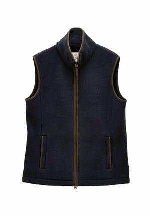 Marineblaue Fleece-Weste mit hohem Kragen, Reißverschluss und braunen Akzenten. Verfügt über zwei Fronttaschen und ein dezentes Logo. Glatte Textur.