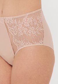 Nude hoge taille slip met een doorzichtig kanten paneel aan één kant, een gladde stof aan de andere kant, versierd met een bloemmotief en een zachte textuur.