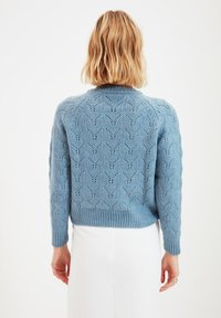 Hellblauer gestrickter Pullover mit einem strukturierten Rautenmuster sowie geripptem Saum und Bündchen. Die Rückansicht zeigt Raglanärmel und detaillierte Nähte.