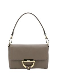 Graue Ledertasche mit klarer Form, Verschluss aus goldfarbenem Metall und einem einzelnen Schulterriemen. Verfügt über eine glatte Oberfläche und ein minimalistisches Design.