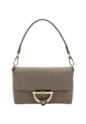 Gray leather handbag with a structured shape, gold hardware clasp, and a single shoulder strap. Features a smooth texture and minimal design.
