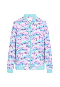 Giacca bomber leggera con motivo camouflage pastello che presenta cuori e stelle. Tessuto morbido con zip sul fronte e polsini e orlo a coste.