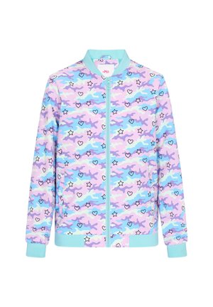 Blouson léger en tissu camo pastel avec des cœurs et des étoiles. Tissu doux avec fermeture éclair à l'avant et poignets et ourlet côtelés.