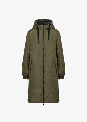 Olivově zelený prošívaný dlouhý kabát s kapucí, který má přední zip, dvě boční kapsy a elastické manžety. Hladký syntetický materiál.