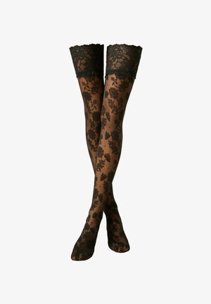 Schwarze Spitzenstrumpfhalterbänder mit floralen Mustern, transparenter Textur und einem gewellten Spitzenoberband für Halt und Eleganz.