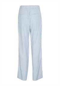 Pantaloni a gamba larga a righe blu chiaro e bianche con vita alta e due tasche posteriori, realizzati in un tessuto morbido e leggero.