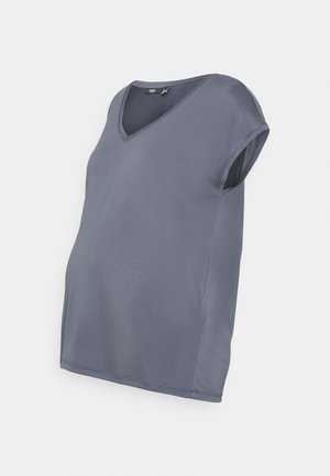 Camisola de maternidade cinza com decote em V, mangas curtas e um corte solto. Feita de material suave, apresenta uma textura lisa e um design simples.