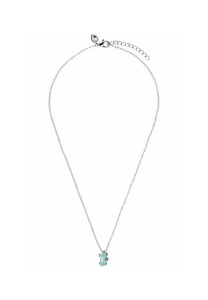 Collana con catena in argento con un pendente a cavalluccio marino piccolo e colorato, caratterizzato da dettagli turchesi e rosa e un moschettone con catena allungabile.