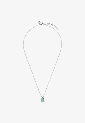 Srebrny naszyjnik z łańcuszkiem i małą kolorową zawieszką w kształcie konika morskiego, ozdobioną turkusowymi i różowymi detalami oraz zapięciem typu karabińczyk z przedłużką.