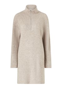 Beige gebreide jurk met hoge kraag, halve rits en wijde mouwen; heeft een gestructureerd, geribbeld ontwerp.