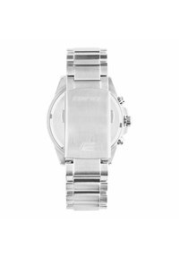 Silver stainless steel watch with a brushed finish, featuring a round case, linked bracelet, and push-button clasp. Engraved brand logo on back.