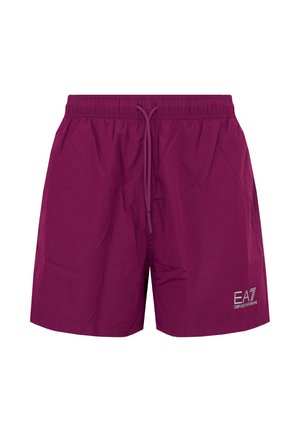 Costume da bagno viola con vita elasticizzata e coulisse frontale, con il logo EA7 Emporio Armani sulla gamba inferiore destra.