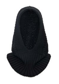 Balaclava neagră tricotată, cu guler ribijat și model de cusătură texturat, concepută pentru a acoperi capul și gâtul în vreme rece.