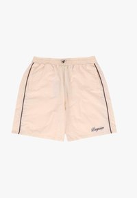 Helle beige Shorts aus leichtem Stoff mit einem elastischen Bund, einer Kordel und dunklen braunen Seitenelementen. Gesticktes "Dropsize"-Logo.