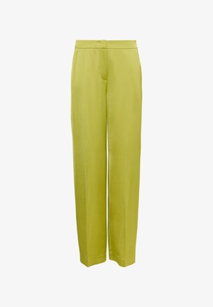 Green satin trousers with a straight-leg design, featuring a smooth texture, mid-rise waistband, and side pockets. No visible hardware.