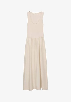 Abito lungo senza maniche in un morbido e leggero tessuto beige. Presenta un scollo rotondo e una vita arricciata per un fit fluido e rilassato.