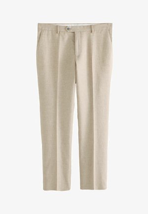 Beige linnen broek met een rechte pasvorm, geplooide voorkant en een ritsluiting. Voorzien van twee zijzakken en een subtiele textuur.