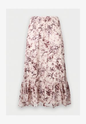 Kreemikas midi seelik burgundia lillemustriga, smokkidega vöökoha ja volangilise äärega.