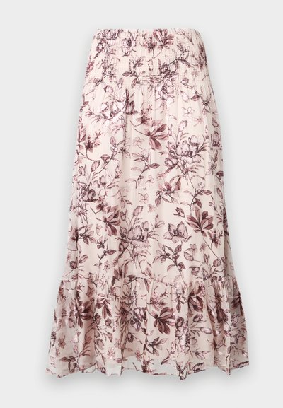 Kremet midi-nederdel med bordeaux blomstermønster, rynket talje og flæsedetalje ved kanten.