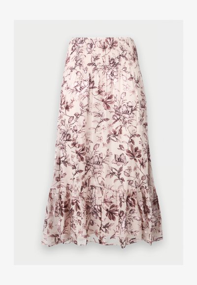 Kremet midi-nederdel med bordeaux blomstermønster, rynket talje og flæsedetalje ved kanten.
