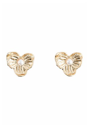 Gold-toned floral stud earrings with textured petals and a central white pearl on a white background.