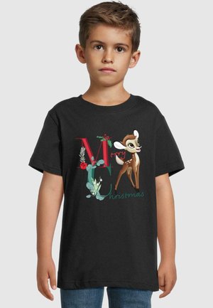 Sort bomulds T-shirt med et farverigt "Glædelig Jul" grafik, der viser et sort/hvidt tæske med kortærmet design.