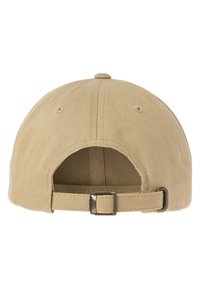 Beige színű pamut baseball sapka, ívelt napellenzővel, hátul állítható szövetpánttal és gombbal a tetején. Egyszerű, tartós kialakítás.