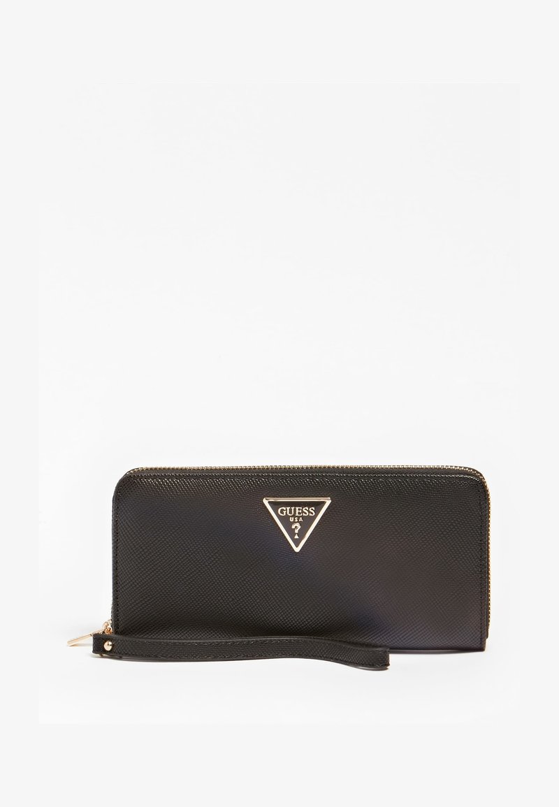 Black textured faux leather wallet with a gold triangular logo, zip closure, and detachable wrist strap. Features sleek, rectangular shape.