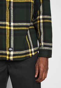 Camicia in flanella a quadri verde con strisce gialle e bianche, caratterizzata da una chiusura con bottoni sul davanti e un orlo arrotondato. Piccolo logo in basso.