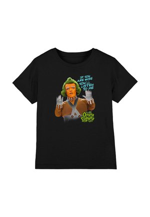 Black t-shirt with a colorful Oompa Loompa character raising hands and text saying, "If you are wise you'll listen to me."