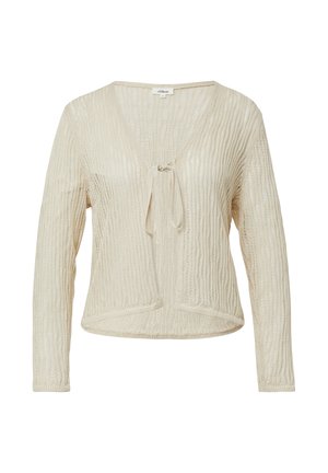 Knit cardigan in light beige with a V-neck, long sleeves, front tie closure, and textured ribbed pattern. Soft, lightweight fabric.