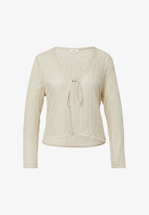 Cardigan en tricot beige clair avec un col en V, des manches longues, une fermeture à nouer à l'avant et un motif texturé en côtes. Tissu doux et léger.